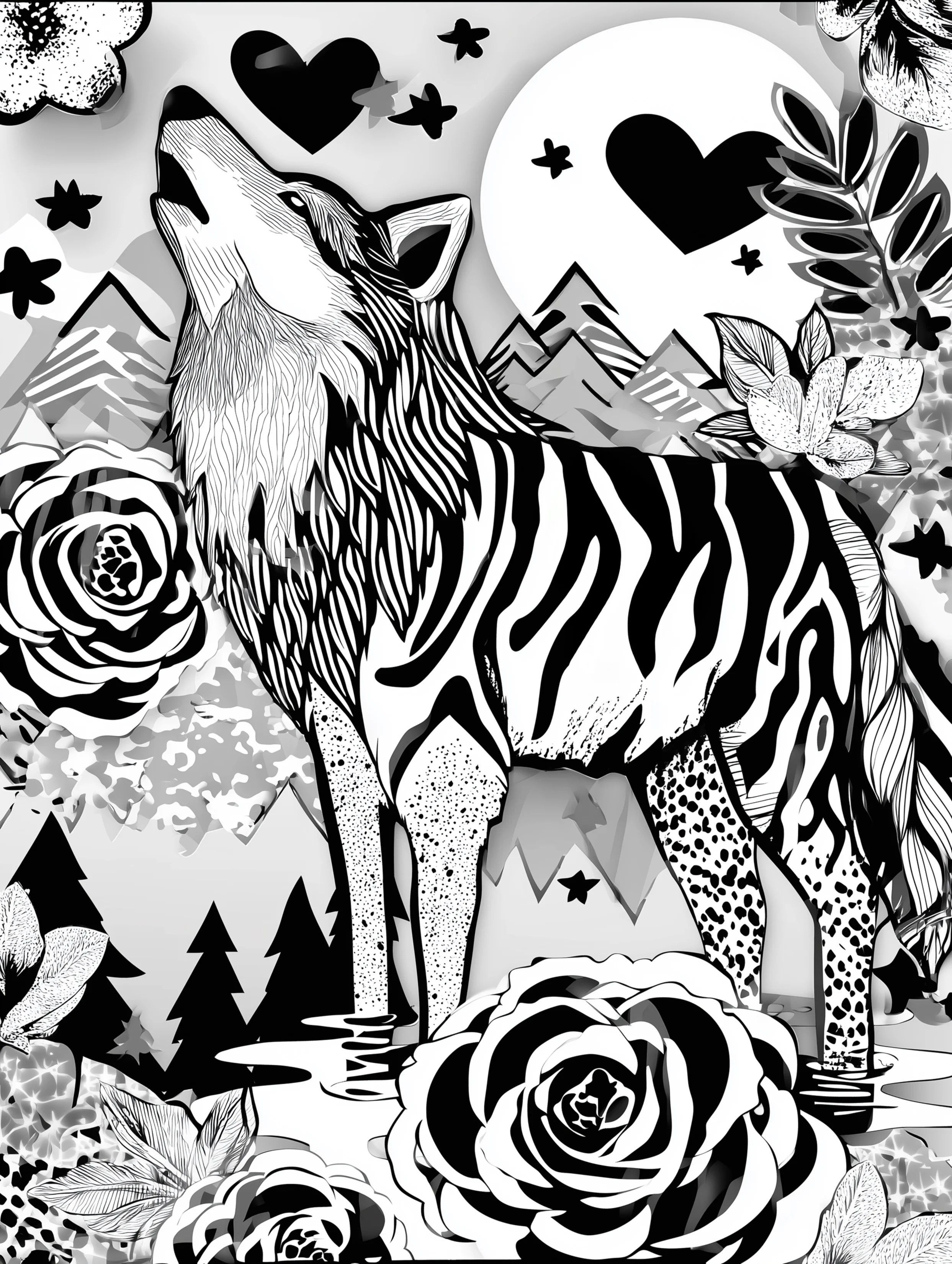 Free printable wolf coloring page for adults featuring a wolf in a forest setting